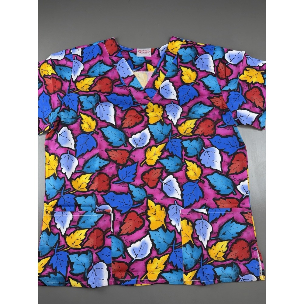Fashion Scrubs Women's Scrub Top Large Fall Leaves Pink Background Colorful